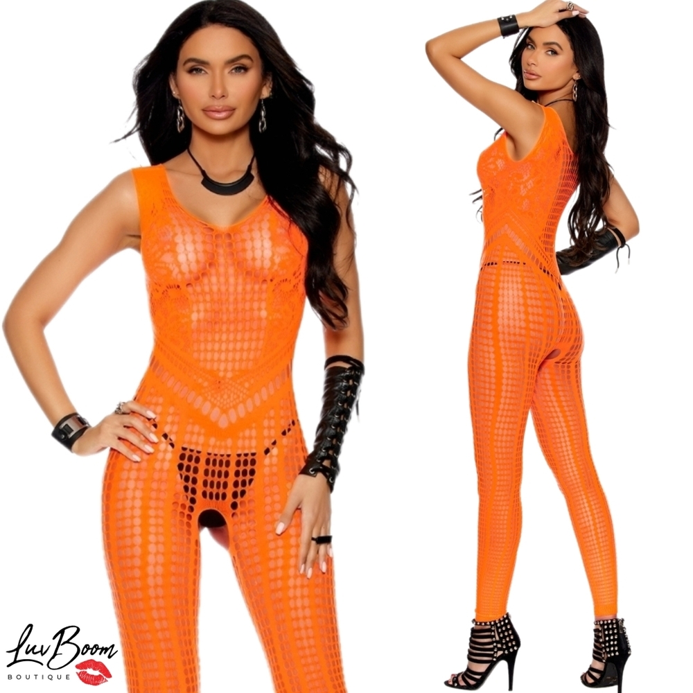 ‼️💌Neon Orange Crochet Footless Bodystocking with Open Crotch Lingerie
